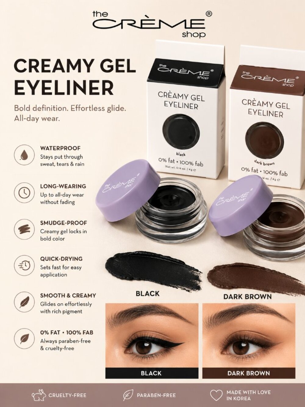 The Crème Shop Creamy Gel Eyeliner 4g Waterproof Smudge-Proof Black & Dark Brown